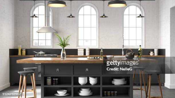 cucina industriale nera - cucina domestica foto e immagini stock