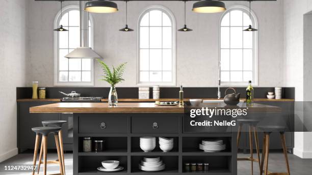 black industrial kitchen - black white imagens e fotografias de stock