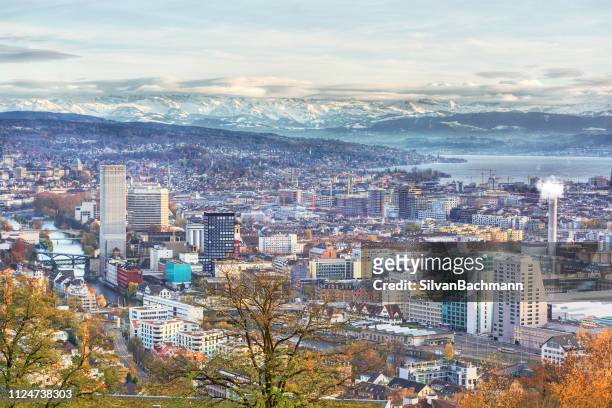 aerial cityscape, zurich, switzerland - zurich skyline stock-fotos und bilder