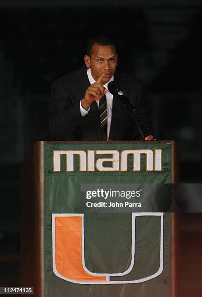 Alex Rodriguez attends the dedication ceremony for Alex Rodriguez Park Dedication Ceremony at University of Miami on February 13, 2009 in Coral...