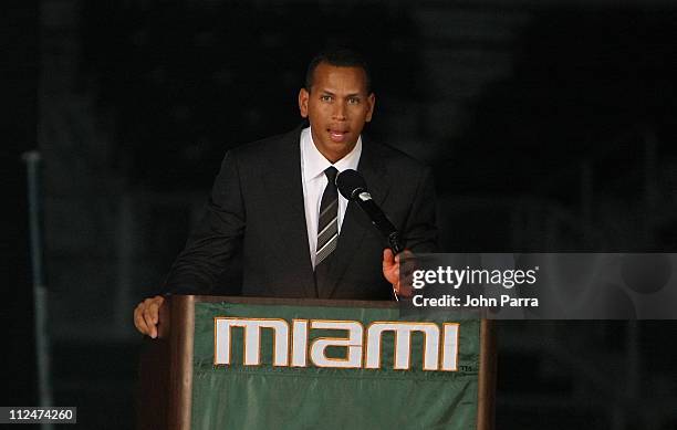 Alex Rodriguez attends the dedication ceremony for Alex Rodriguez Park Dedication Ceremony at University of Miami on February 13, 2009 in Coral...