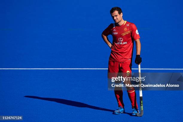 Alvaro Iglesias of Spain looks dejected during the Men's FIH Field Hockey Pro League match between Spain and Great Britain at Polideportivo Virgel...