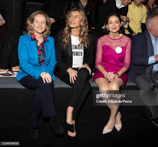 Minister of Economy Nadia Calvino, First Lady Begona Gomez and Minister of Industry Reyes Maroto attend Roberto Verino fashion show during the...