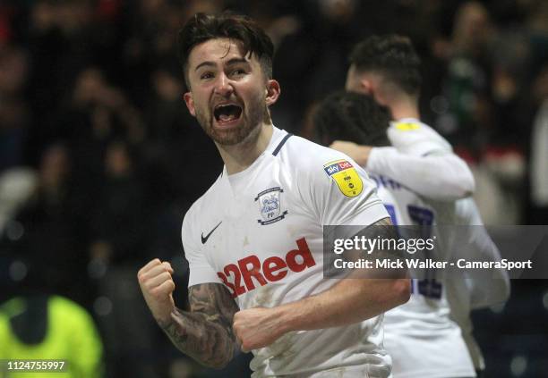 Preston North End's Sean Maguire celebrates scoring his sides third goal during the Sky Bet Championship match between Preston North End and Norwich...
