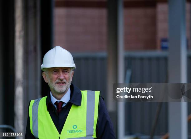 Labour leader Jeremy Corbyn visits a ew building development in Middlesbrough Centre Square on January 25, 2019 in Middlesbrough, England. The visit...