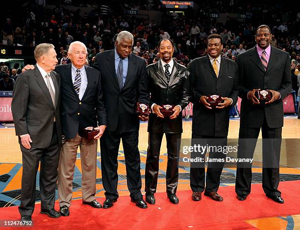 Carl Braun, Richie Guerin, Willis Reed, Walt Frazier, Bernard King and Patrick Ewing attend Knicks Legends Awards ceremony during halftime of the...