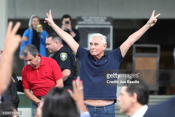 Roger Stone, a former advisor to President Donald Trump, exits the Federal Courthouse on January 25, 2019 in Fort Lauderdale, Florida. Mr. Stone was...