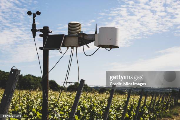 close up of weather station on a vineyard. - weather station stock pictures, royalty-free photos & images