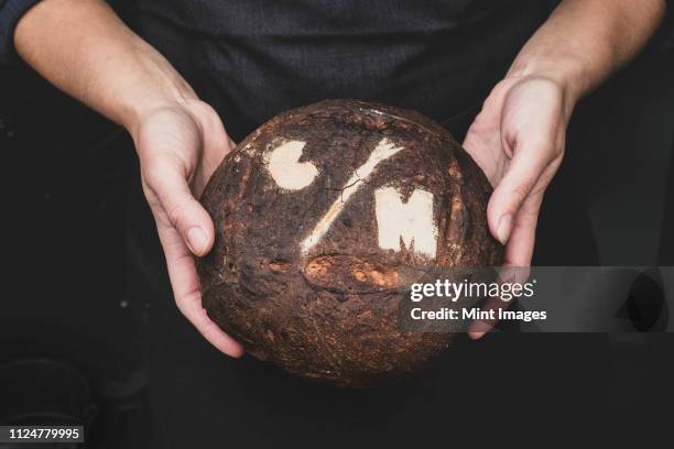 high angle close up of human hands holding freshly baked loaf of bread. - m a c stock pictures, royalty-free photos & images