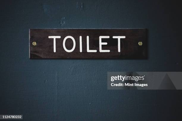 close up of dark brown toilet sign with white lettering on blue door. - toilet door stock pictures, royalty-free photos & images