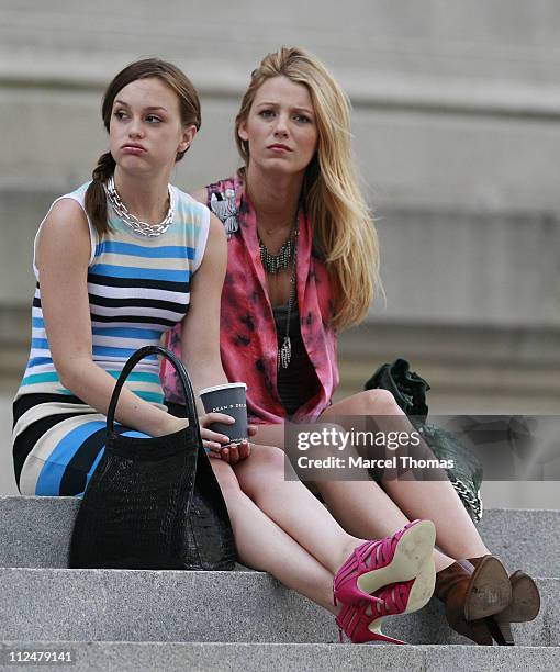 Blake Lively and Leighton Meester are seen on the set of the TV show "Gossip Girls" on location in Manhattan on July 13, 2009 in New York City.