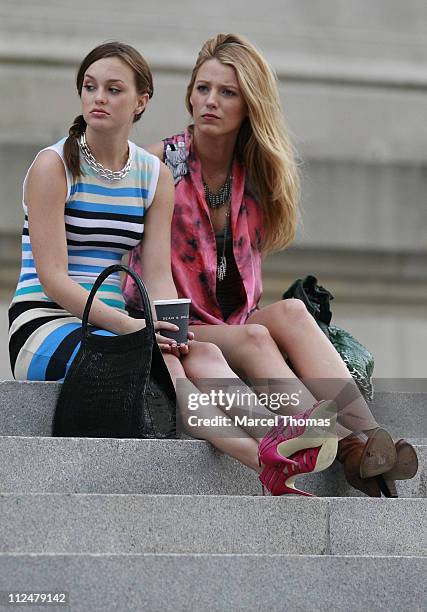 Blake Lively and Leighton Meester are seen on the set of the TV show "Gossip Girls" on location in Manhattan on July 13, 2009 in New York City.