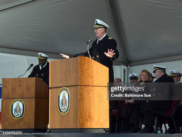 Naval Academy Superintendent Vice Admiral Walter E. Carter Jr. Gives remarks in 2018 at the commissioning of the Navy's newest Littoral Combat Ship,...