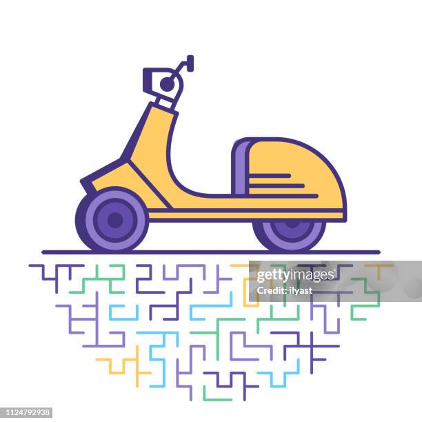 stockillustraties, clipart, cartoons en iconen met motorfiets & scooterverhuur platte lijn pictogram illustratie - bromfiets