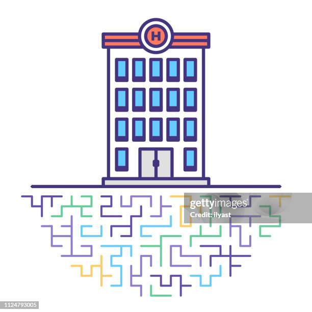 ilustraciones, imágenes clip art, dibujos animados e iconos de stock de línea plana de la emergencia de hospital icono ilustración - urgencias-hospital