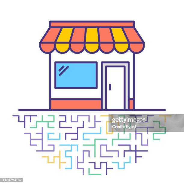 bildbanksillustrationer, clip art samt tecknat material och ikoner med retail lager platt linje ikon illustration - shop entrance