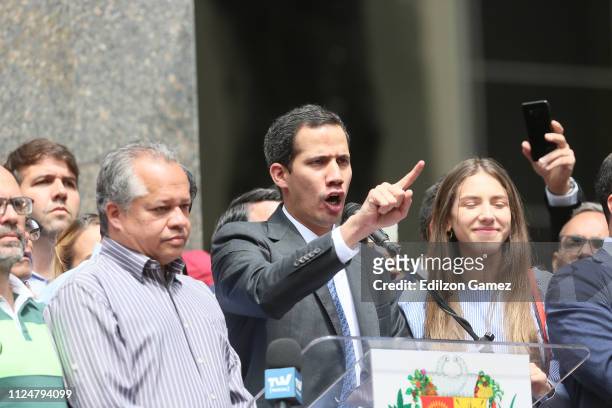 Juan Guaidó, who has appointed himself interim president speaks during a meeting with deputies, media and supporters organized by the National...