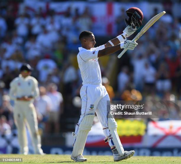 Shane Dowrich of West Indies celebrates reaching his 100 during Day Three of the First Test match between England and West Indies at Kensington Oval...