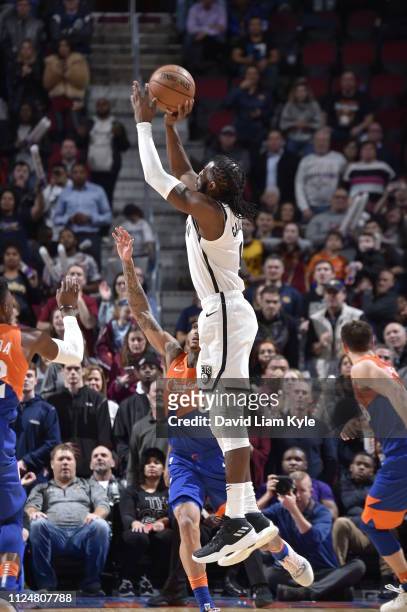 DeMarre Carroll of the Brooklyn Nets shoots the ball to send the game into triple overtime against the Cleveland Cavaliers on February 13, 2019 at...