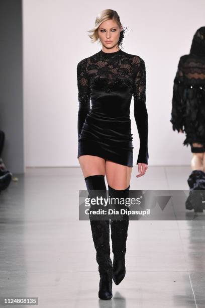 Model walks the runway for the Afffair fashion show during New York Fashion Week: The Shows at Gallery II at Spring Studios on February 13, 2019 in...
