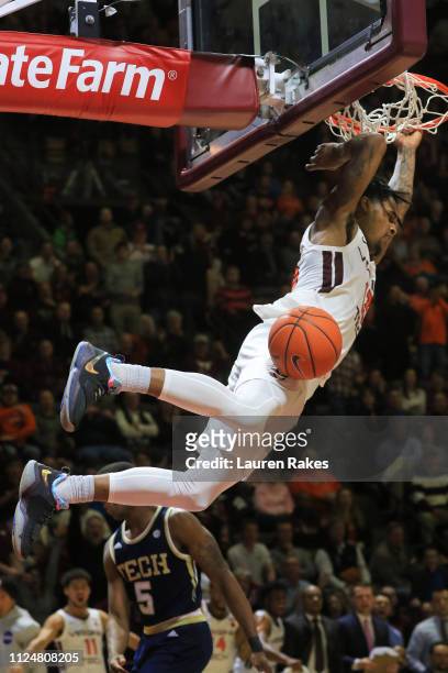 Ahmed Hill of the Virginia Tech Hokies dunks the ball in the second half during the game against the Georgia Tech Yellow Jackets at Cassell Coliseum...