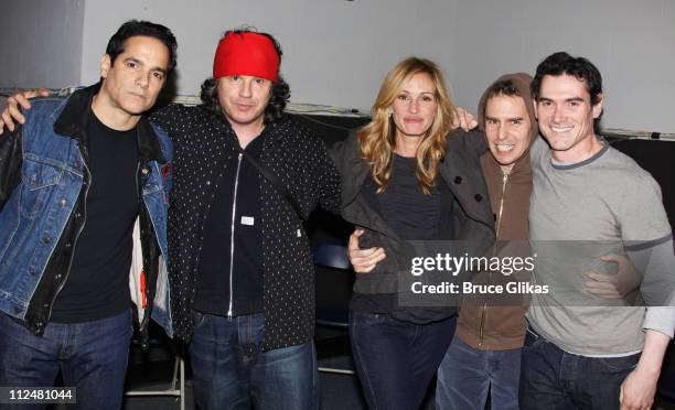 Yul Vasquez, Iam Astbury, Julia Roberts, Sam Rockwell and Billy Crudup who played as a team pose backstage at LAByrinth Theater Company's 6th Annual...