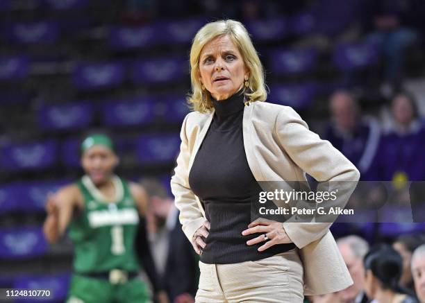 Head coach Kim Mulkey of the Baylor Bears reacts after a foul call against the Bears during the first half against the Kansas State Wildcats on...