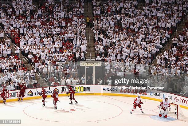 David Schlemko of the Phoenix Coyotes celebrates with teammates Mikkel Boedker, Kyle Turris, Vernon Fiddler and Taylor Pyatt after Schlemko scored a...