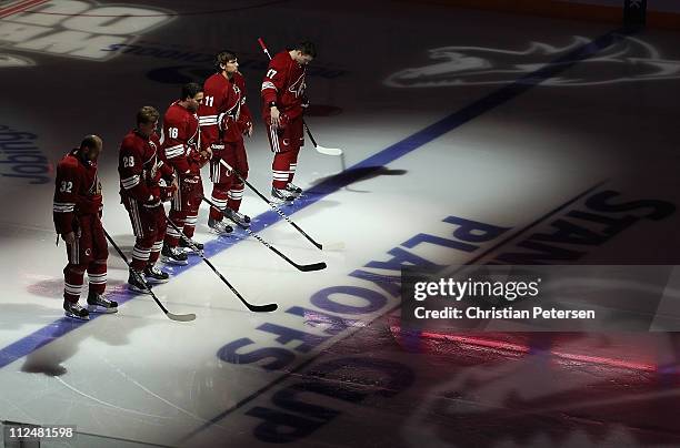 Michal Rozsival, Lauri Korpikoski, Rostislav Klesla, Martin Hanzal and Radim Vrbata of the Phoenix Coyotes stand attended for the National Anthem...