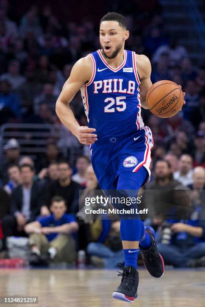 Ben Simmons of the Philadelphia 76ers dribbles the ball against the Houston Rockets at the Wells Fargo Center on January 21, 2019 in Philadelphia,...