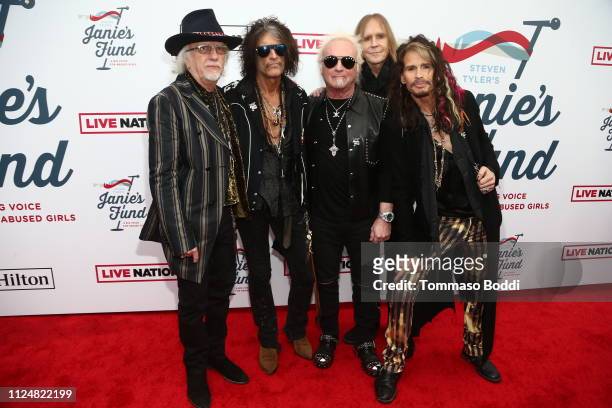 Brad Whitford, Joe Perry, Joey Kramer, Tom Hamilton and Steven Tyler of Aerosmith attend Steven Tyler's Second Annual GRAMMY Awards Viewing Party to...