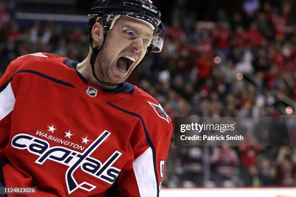 Evgeny Kuznetsov of the Washington Capitals celebrates his goal against the San Jose Sharks during the second period at Capital One Arena on January...