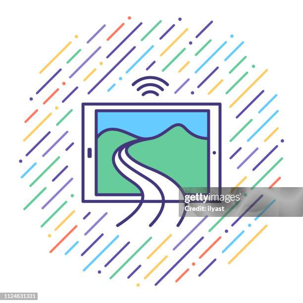 traffic alerts & live navigation flat line icon illustration - smart public transportation icon stock illustrations