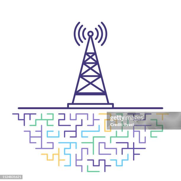 cell tower range flat line icon illustration - electricity pylon stock illustrations