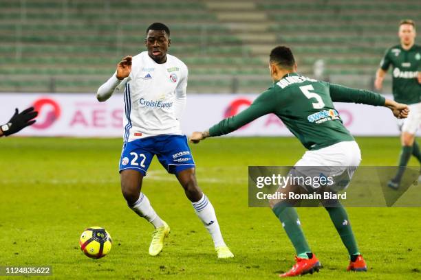 Fofana Youssouf of Strasbourg and Kolodziejczak Thimothee of Saint Etienne during the Ligue 1 match between Saint Etienne and Starsbourg at Stade...