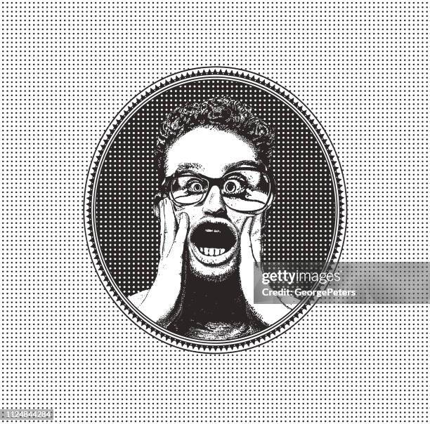 young man with shocked facial expression inside halftone oval frame - horn rimmed glasses stock illustrations
