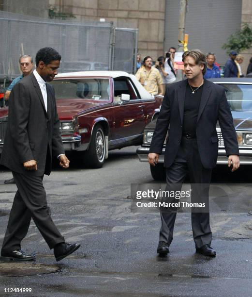 Denzel Washington and Russell Crowe during Denzel Washington and Russell Crowe on the set "American Gangster" - September 16, 2006 at Lower Manhattan...