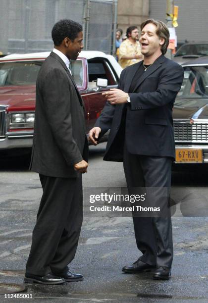 Denzel Washington and Russell Crowe during Denzel Washington and Russell Crowe on the set "American Gangster" - September 16, 2006 at Lower Manhattan...