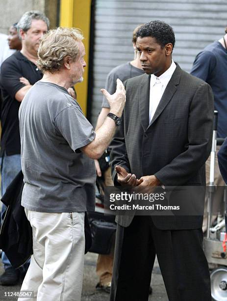 Ridley Scott, director with Denzel Washington during Denzel Washington and Russell Crowe on the set "American Gangster" - September 16, 2006 at Lower...