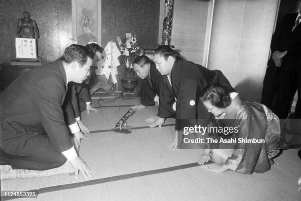 Sekiwake Kitanoumi accepts his promotion to ozeki at Mihogaseki Stable on January 23, 1974 in Tokyo, Japan.