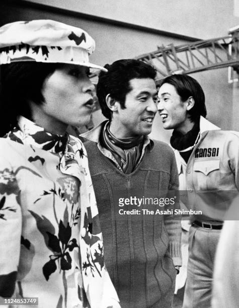 Designers Kansai Yamamoto and Issey Miyake prepare for a joint fashion show at the National Olympic Memorial Youth Center on January 24, 1974 in...
