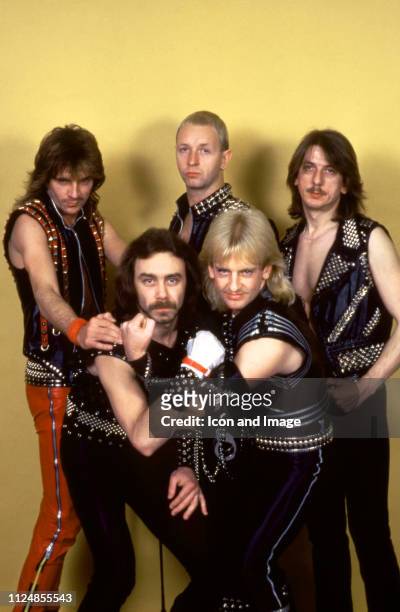 Guitarist Glenn Tipton, lead singer Rob Halford, drummer Dave Holland , bassist Ian Hill and guitarist K.K. Downing of the English heavy metal band...
