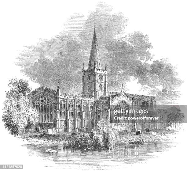 ilustrações, clipart, desenhos animados e ícones de igreja de shakespeare em stratford, na inglaterra-século xvii - vista da cidade