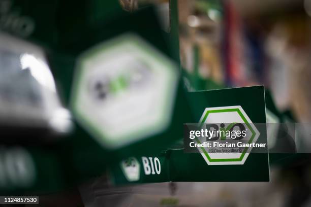 Sign marks bio-products in a supermarket on February 13, 2019 in Berlin, Germany.