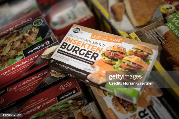 Packaging of insect burgers is pictured in a supermarket on February 13, 2019 in Berlin, Germany.