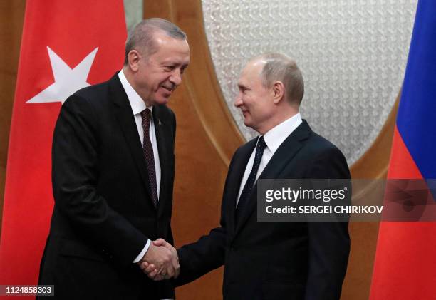 Russian President Vladimir Putin meets with his Turkish counterpart Recep Tayyip Erdogan in the Black Sea resort of Sochi on February 14, 2019.