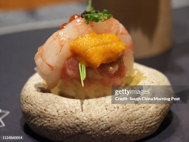 Sushi stack of sea urchin, sweet prawn and chopped tuna belly, by Nishimura, Marco Polo Hongkong Hotel, Tsim Sha Tsui. 14 September 2004