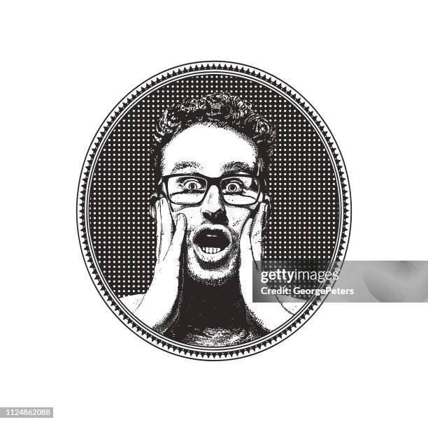 young man with shocked facial expression inside halftone oval frame - eyeglass frames stock illustrations