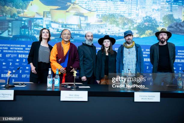 Eva-Maria Lemke, Lama Gelek Ngawang, Ilker Abay, Christina Vantzou, Cornelius Plache and director Uli M Schueppel attend the 'The Breath'' press...