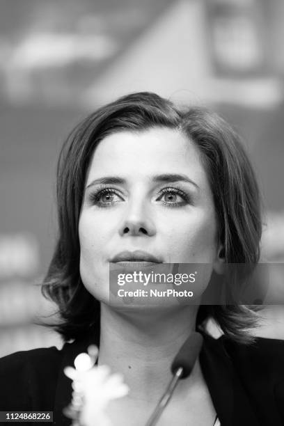 Image was converted to black and white) Eva-Maria Lemke attends the 'The Breath'' press conference during the 69th Berlinale International Film...